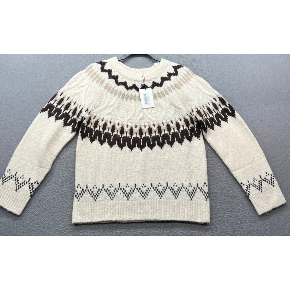 MOD REF Sweater Womens SP Fair Isle Knit Cream Brown Cable Knit Crew Neck
